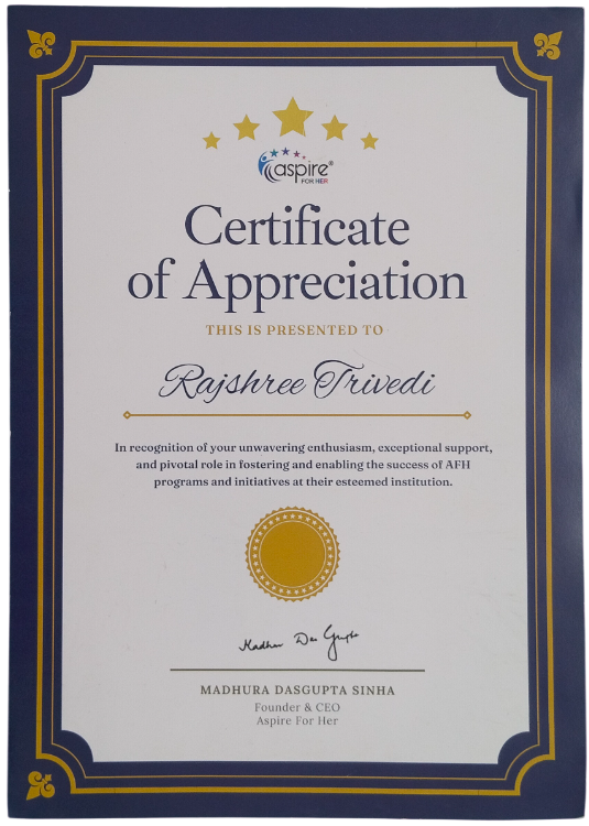 Certificate of Appreciation by Aspire For Her